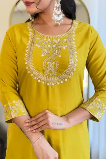 rayon slub embroidered straight kurta set with pant & organza laced dupatta