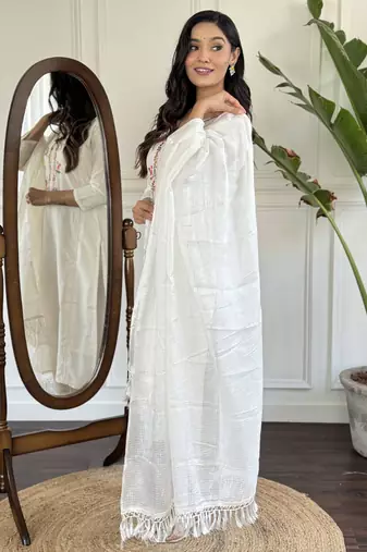 viscose embroidered straight kurta with viscose pant and cotton laced dupatta set