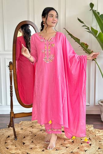 Women’s viscose embroidered straight kurta with viscose pant and cotton dyed dupatta set
