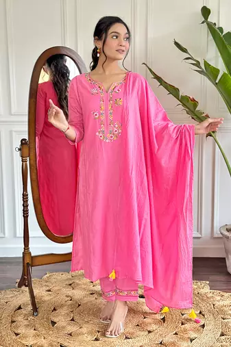 Women’s viscose embroidered straight kurta with viscose pant and cotton dyed dupatta set