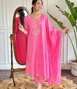 viscose embroidered straight kurta with viscose pant and cotton dyed dupatta set