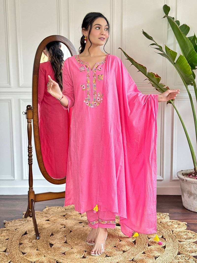 Women’s viscose embroidered straight kurta with viscose pant and cotton dyed dupatta set