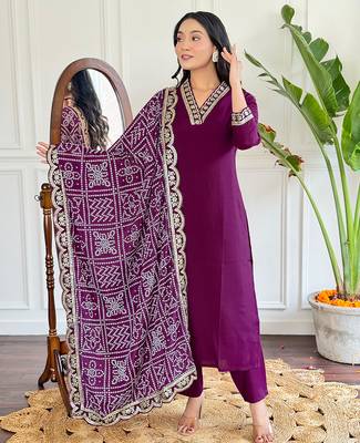 viscose silk blend embroidered kurta set with pant & printed chinon dupatta 1