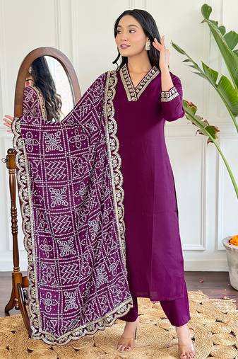 Women’s viscose silk embroidered kurta set with pant & printed chinon dupatta