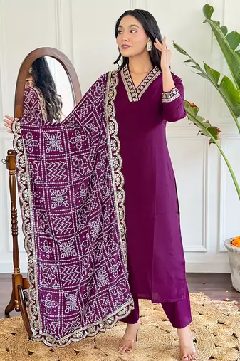 Women’s viscose silk embroidered kurta set with pant & printed chinon dupatta