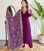 viscose silk embroidered kurta set with pant & printed chinon dupatta