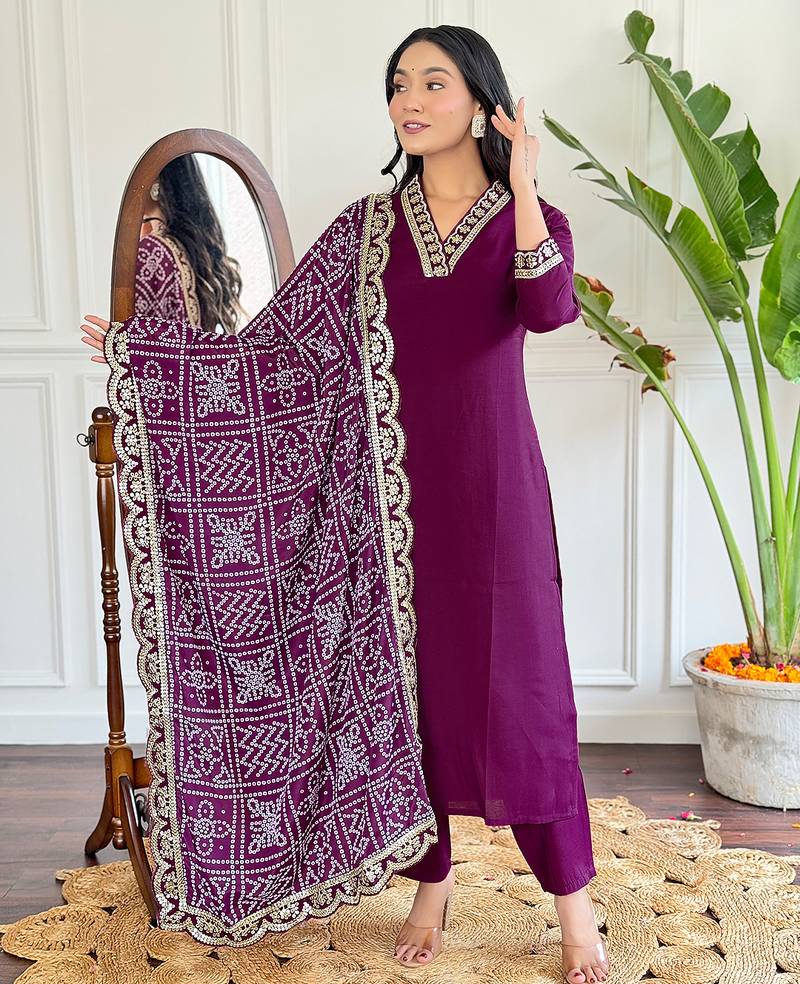 Women’s viscose silk embroidered kurta set with pant & printed chinon dupatta