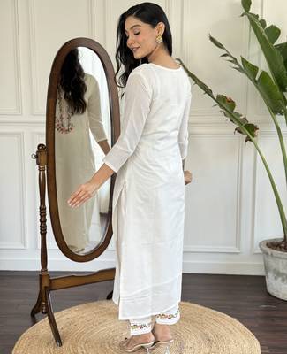 viscose embroidered straight kurta with viscose pant and cotton laced dupatta set 3