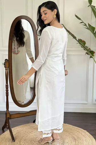 viscose embroidered straight kurta with viscose pant and cotton laced dupatta set
