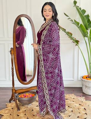 viscose silk blend embroidered kurta set with pant & printed chinon dupatta 2