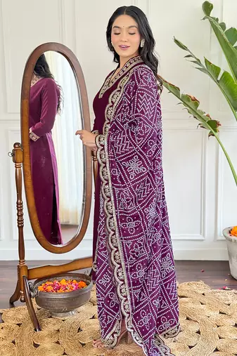 viscose silk embroidered kurta set with pant & printed chinon dupatta