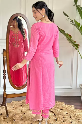 viscose embroidered straight kurta with viscose pant and cotton dyed dupatta set