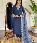 viscose silk embroidered kurta set with pant & printed chinon dupatta