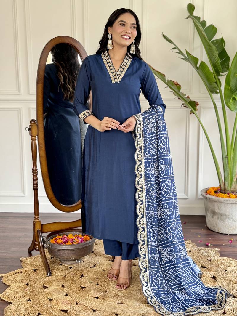 Women’s viscose silk embroidered kurta set with pant & printed chinon dupatta