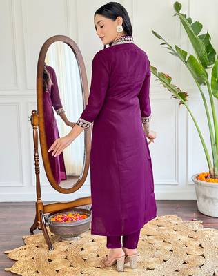 viscose silk blend embroidered kurta set with pant & printed chinon dupatta 3