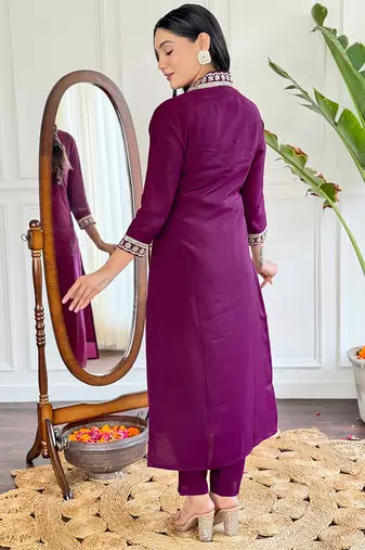 viscose silk embroidered kurta set with pant & printed chinon dupatta