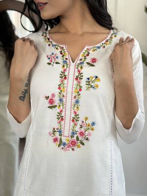 viscose embroidered straight kurta with viscose pant and cotton laced dupatta set 4