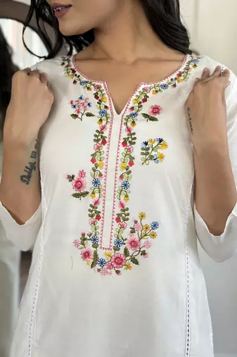 viscose embroidered straight kurta with viscose pant and cotton laced dupatta set