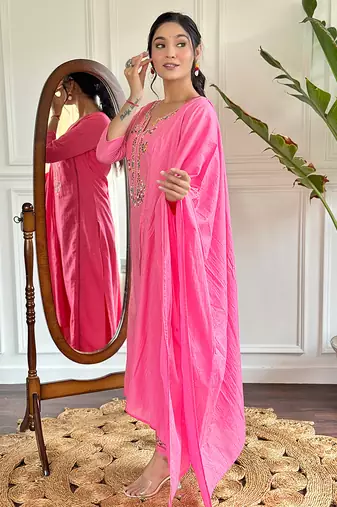 viscose embroidered straight kurta with viscose pant and cotton dyed dupatta set