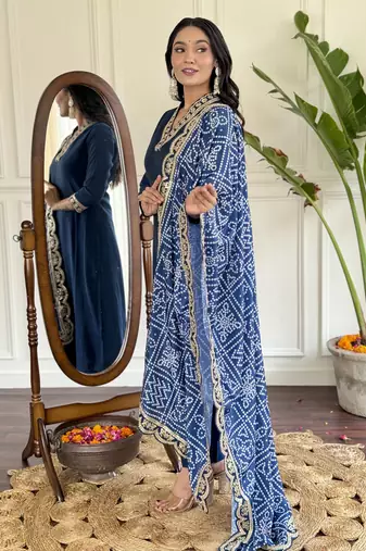 viscose silk embroidered kurta set with pant & printed chinon dupatta