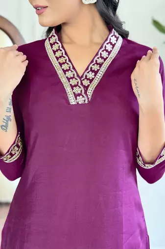 viscose silk embroidered kurta set with pant & printed chinon dupatta