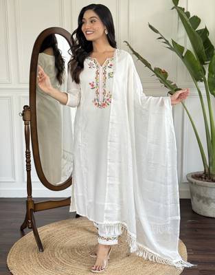 viscose embroidered straight kurta with viscose pant and cotton laced dupatta set 5