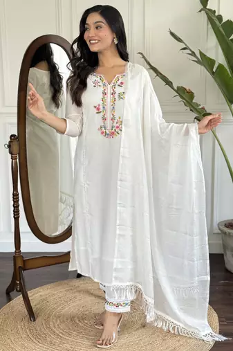 viscose embroidered straight kurta with viscose pant and cotton laced dupatta set