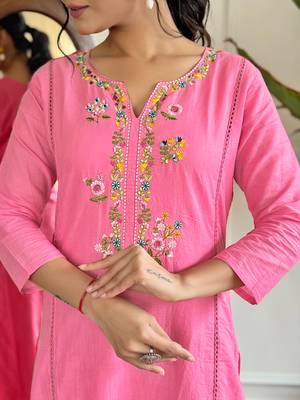 viscose embroidered straight kurta with viscose pant and cotton dyed dupatta set 4