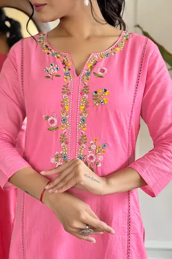 viscose embroidered straight kurta with viscose pant and cotton dyed dupatta set