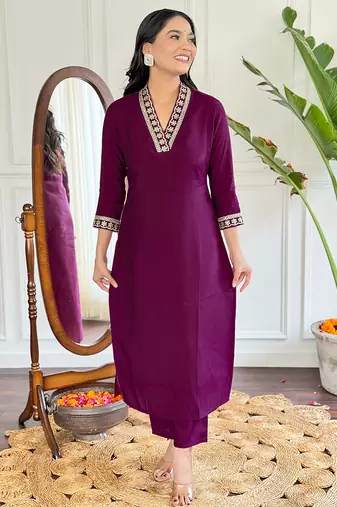 viscose silk embroidered kurta set with pant & printed chinon dupatta