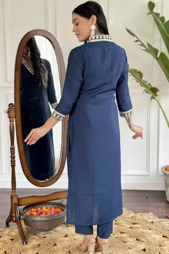 viscose silk embroidered kurta set with pant & printed chinon dupatta