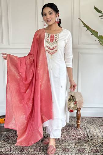 Women’s viscose blend embroidered straight kurta set with pant & jacquard silk dupatta