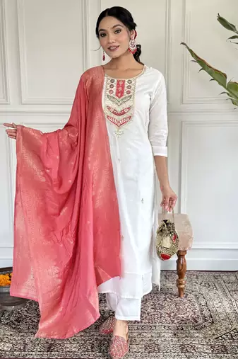 Women’s viscose blend embroidered straight kurta set with pant & jacquard silk dupatta