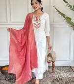 viscose blend embroidered straight kurta set with pant & jacquard silk dupatta