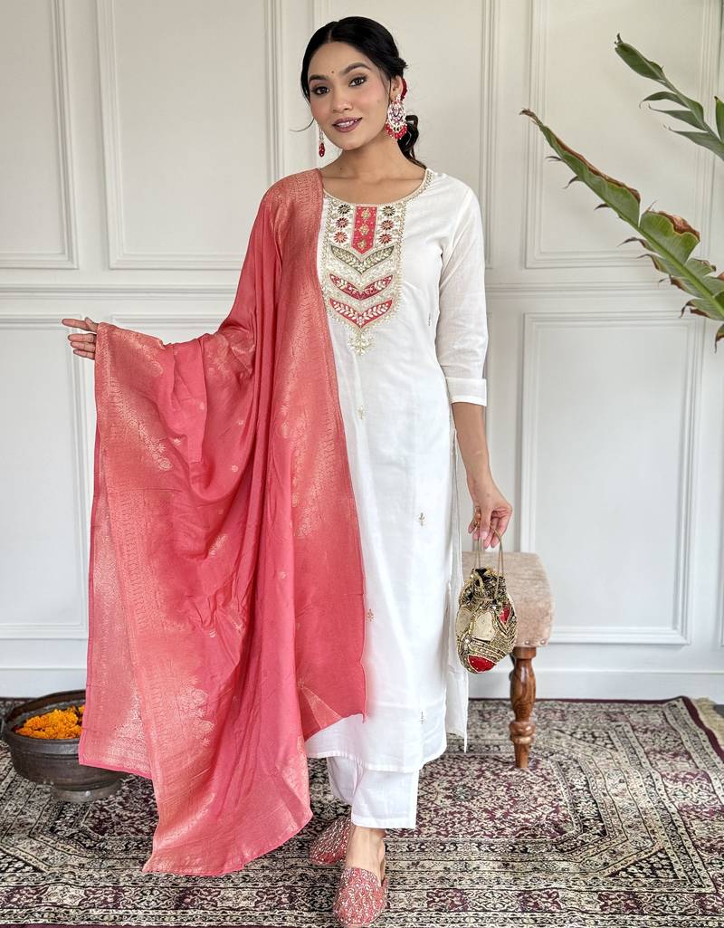 Women’s viscose blend embroidered straight kurta set with pant & jacquard silk dupatta