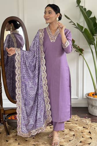 Women’s viscose silk embroidered kurta set with pant & printed chinon dupatta