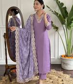 viscose silk embroidered kurta set with pant & printed chinon dupatta