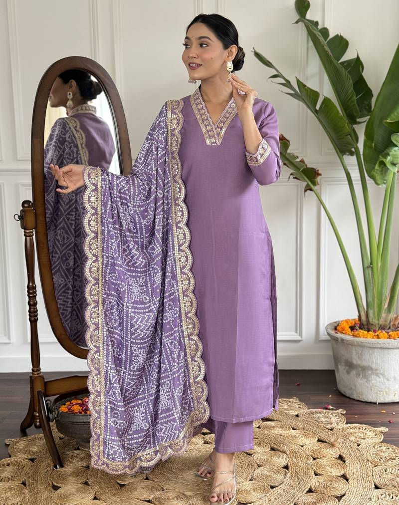 Women’s viscose silk embroidered kurta set with pant & printed chinon dupatta