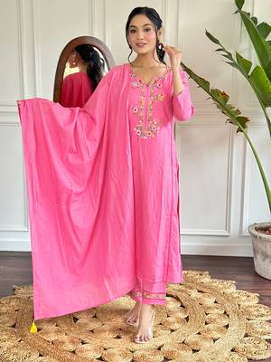 viscose embroidered straight kurta with viscose pant and cotton dyed dupatta set 5