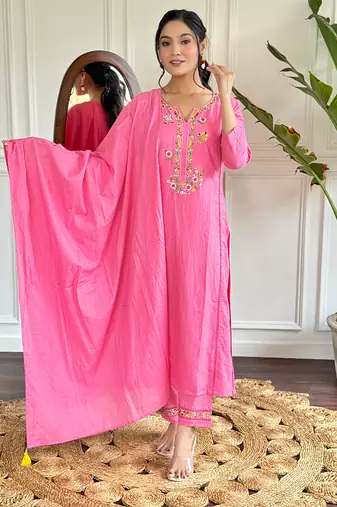 viscose embroidered straight kurta with viscose pant and cotton dyed dupatta set