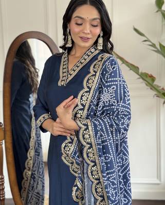 viscose silk embroidered kurta set with pant & printed chinon dupatta 4