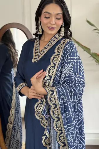 viscose silk embroidered kurta set with pant & printed chinon dupatta