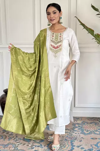 Women’s viscose blend embroidered straight kurta set with pant & jacquard silk dupatta