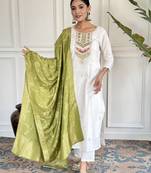viscose blend embroidered straight kurta set with pant & jacquard silk dupatta