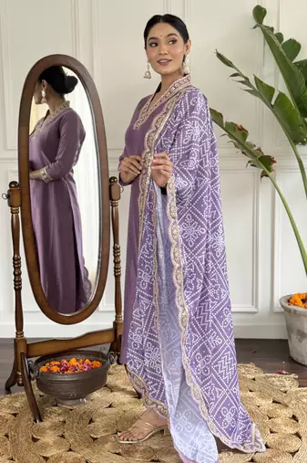 viscose silk embroidered kurta set with pant & printed chinon dupatta