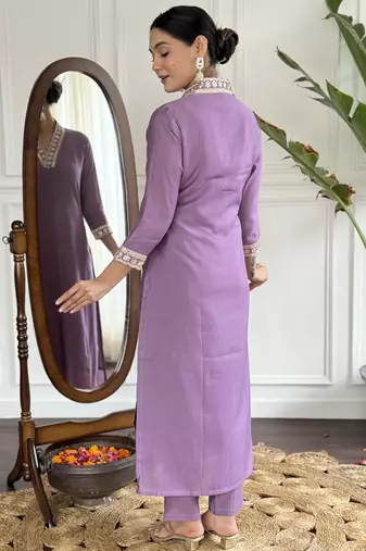 viscose silk embroidered kurta set with pant & printed chinon dupatta
