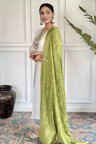 viscose blend embroidered straight kurta set with pant & jacquard silk dupatta