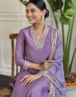 viscose silk embroidered kurta set with pant & printed chinon dupatta 4