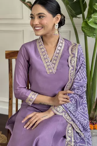 viscose silk embroidered kurta set with pant & printed chinon dupatta