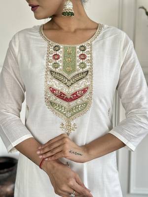 viscose blend embroidered straight kurta set with pant & jacquard silk blend dupatta 4